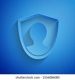 Paper cut User protection icon isolated on blue background. Secure user login, password protected, personal data protection, authentication. Paper art style. Vector Illustration