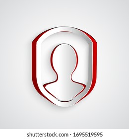 Papier geschnitten Benutzerschutzsymbol einzeln auf grauem Hintergrund. Sichere Anmeldung für den Benutzer, Passwort geschützt, Schutz personenbezogener Daten, Authentifizierung. Kunststil aus Papier. Vektorillustration-Illustration