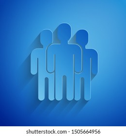Paper cut Users group icon isolated on blue background. Group of people icon. Business avatar symbol users profile icon. Paper art style. Vector Illustration
