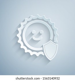 Paper cut UV protection icon isolated on grey background. Sun and shield. Ultra violet rays radiation. SPF sun sign. Paper art style. Vector Illustration