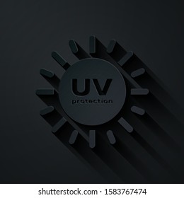 Paper cut UV protection icon isolated on black background. Ultra violet rays radiation. SPF sun sign. Paper art style. Vector Illustration