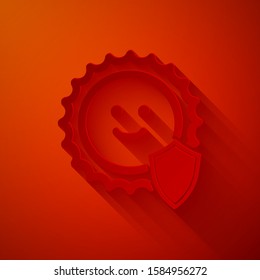 Paper cut UV protection icon isolated on red background. Sun and shield. Ultra violet rays radiation. SPF sun sign. Paper art style. Vector Illustration