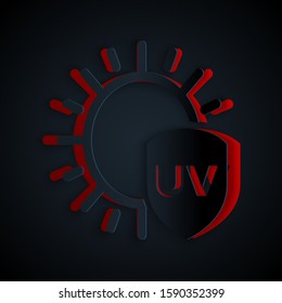 Paper cut UV protection icon isolated on black background. Sun and shield. Ultra violet rays radiation. SPF sun sign. Paper art style. Vector Illustration