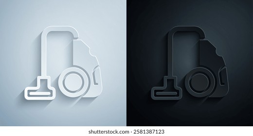 Paper cut Vacuum cleaner icon isolated on grey and black background. Paper art style. Vector
