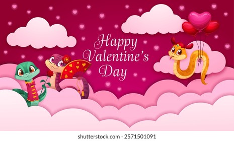 Paper cut Valentine day greeting card with pink sky clouds and cheerful snakes, vector banner. Happy Valentine Day or love holiday funny cartoon snake characters in paper cut clouds and heart balloons