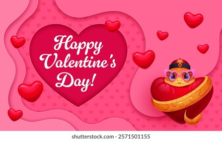 Paper cut Valentine day greeting card with snake character on heart, vector banner. Happy Valentine Day greeting with paper cut hearts and funny cartoon snake in heart glasses on pink background