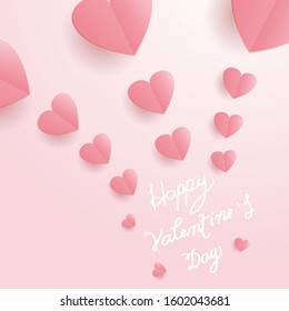 Paper cut of Valentine postcard with paper flying hearts, Vector symbols of love for Happy Valentine's Day greeting card design.