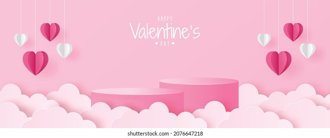 Paper cut of Valentine's Day background with pink cylinder podium, origami white and pink heart and clouds for products display presentation, poster, greeting card, headers website