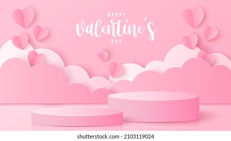 Cortado de papel de fondo del Día de San Valentín con podio de cilindro rosa y corazón rosado para la presentación de productos, afiche, banner
