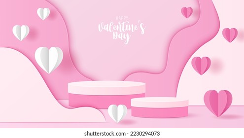 Paper cut of Valentine's Day background with pink cylinder podium for products display presentation.
