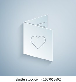 Paper cut Valentines day flyer with heart icon isolated on grey background. Celebration poster template for invitation or greeting card. Paper art style. Vector Illustration