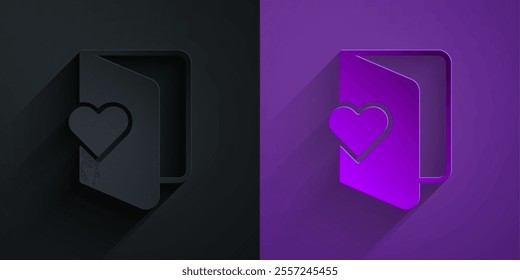 Paper cut Valentines day flyer with heart icon isolated on black on purple background. Celebration poster template for invitation or greeting card. Paper art style. Vector