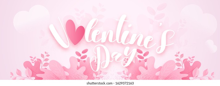 Paper Cut Valentine's Day Font with Pink Heart and Autumn Leaves Decorated on Pastel Pink Background. Header or Banner Design.