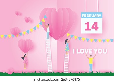 Paper Cut Valentine's Day Illustration - Romantic Celebration with Hearts and Lovers
