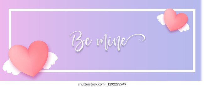 Paper cut valentines day origami web banner in pastel colors. Cute love holiday horizontal banner design. Angel wings fly pink heart.