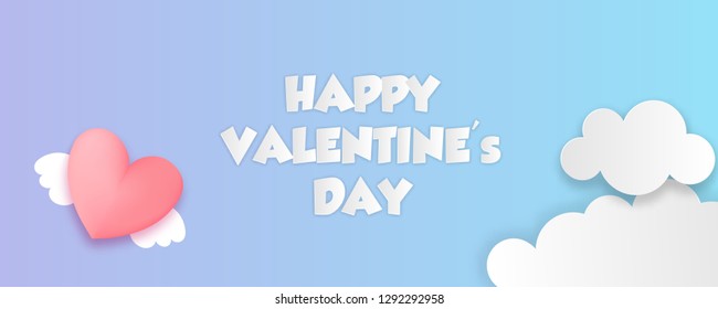 Paper cut valentines day origami web banner in pastel colors. Cute love holiday horizontal banner design. Pink heart in sky cloud.