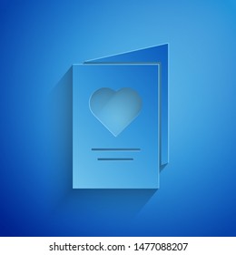 Paper cut Valentines day party flyer with heart icon isolated on blue background. Celebration poster template for invitation or greeting card. Paper art style. Vector Illustration