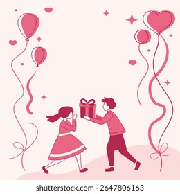 Cartaz do Dia dos Namorados com casal trocando uma caixa de presente em forma de coração, cercado por fitas flutuantes, corações e brilhos, manchete central 'Presente de Amor Especial', fundo rosa pastel, de
