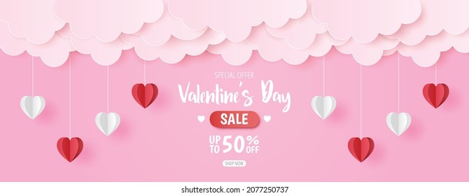 Paper cut of Valentine's Day sale background with red and white heart with cloud on pink background, banner template