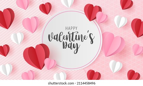 Corta de papel de la plantilla de fondo de corazones vectoriales del día de San Valentín para tarjeta de saludo, banner, afiche. Ilustración vectorial.