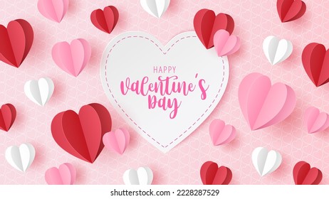 Paper cut of valentines day vector hearts background template for greeting card, banner, poster. Vector illustration.