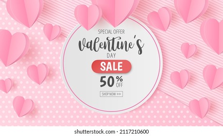 Paper cut of valentine's sale vector banner design with heart for promotion advertising card, poster. Vector illustration.
