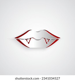 Paper cut Vampire teeth icon isolated on grey background. Happy Halloween party. Paper art style. Vector