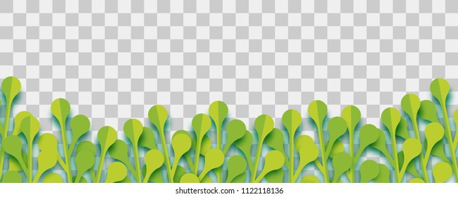 Paper cut vector art. Grass origami transparent background. Floral abstract banner design. Craft 3d plant eco card. Illustration leaf lush template.