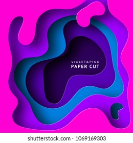 Paper cut vector background. Paper art is violet and blue colors. Square template with paper figures. Bright modern design for poster, flyer, poster, postcard