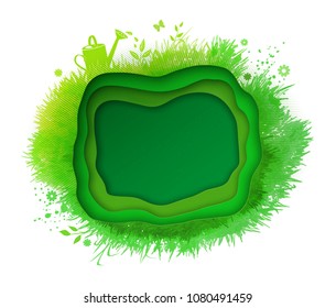 Paper cut vector banner on spring and summer  grunge green watercolor stain background with grass.