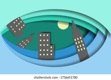 Paper cut vector with city design. Blue gradation background for banner, wallpaper or cover template
