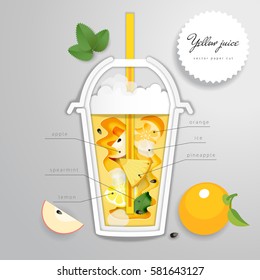 Paper cut vector design. Cup with yellow drink, fruits and mint.  