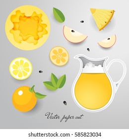 Paper cut vector design. Jug with yellow drink, fruits and mint.