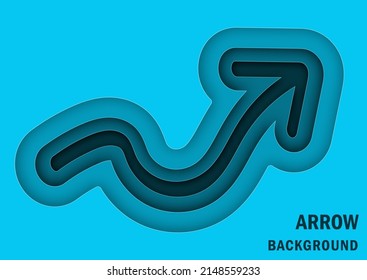 Paper cut Vector illustration of curved arrow on blue background. 
