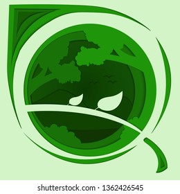paper cut vector illustration of green forest or jungle for background.