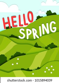 Paper cut vector illustration Hello Spring. Green field and the sky.