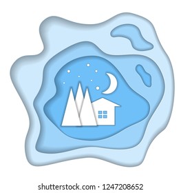Paper cut vector illustration. The house in an environment of fir-trees, the falling snow, the moon. The winter. Eps 10. 