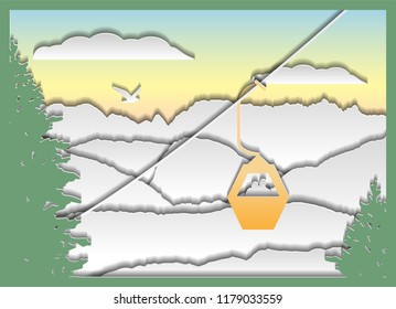Paper cut vector illustration, vector mountain landscape, in love couple on vacation