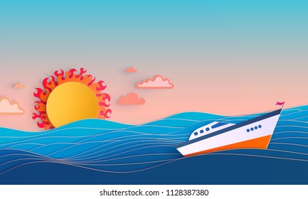 Paper cut vector Illustration. Ship swims during sunset.