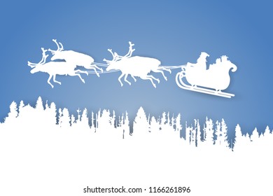 Paper cut vector landscape of Father Christmas riding his sleigh with reindeer over a forest on blue background.