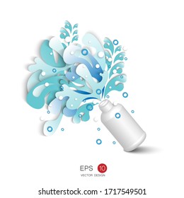 producto vectorial de corte de papel para presentación salpicado líquido, frasco / desinfección médica producto con salpicaduras de líquido