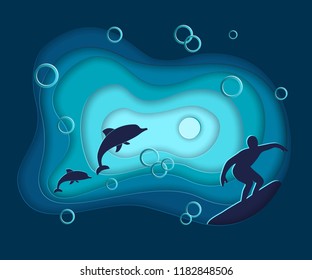 Paper cut, vector sea ocean water landscape with waves, dolphins, surfing, layers in 3d style origami design. Blue background for banner advertising.