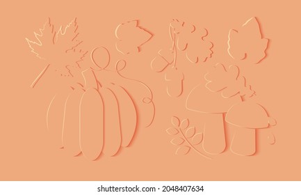 Paper cut vector set. Design with mushrooms, acorns, pumpkin, oak and maple leaves. Monochrome autumn vector illustration. 