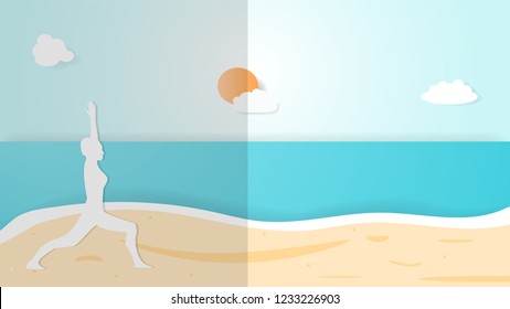 Paper cut vector of woman practice yoga Warrior I or Virabhadrasana Pose on the beach with beautiful sea,Feeling so comfortable and relax in holiday