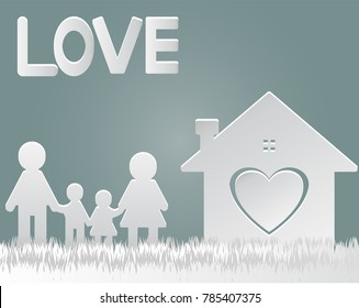 paper cut vector.Happy family at home mom and dad standing hand shake with boy and girl. the house with the heart with love.
Love Letter 
