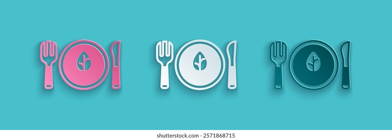 Paper cut Vegan food diet icon isolated Paper cut background. Organic, bio, eco symbol. Vegan, no meat, lactose free, healthy, fresh and nonviolent food. Paper art style. Vector