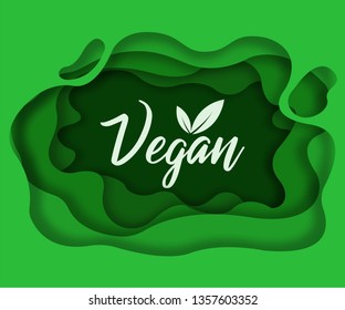 Paper cut vegan logotype with leafs inside green layers with shadows. Trendy paper design. EPS 10