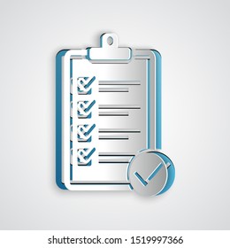 Paper cut Verification of delivery list clipboard and pen icon isolated on grey background. Paper art style. Vector Illustration