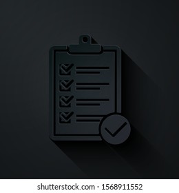 Paper cut Verification of delivery list clipboard and pen icon isolated on black background. Paper art style. Vector Illustration