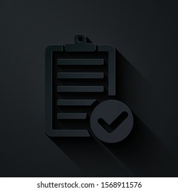 Paper cut Verification of delivery list clipboard and pen icon isolated on black background. Paper art style. Vector Illustration